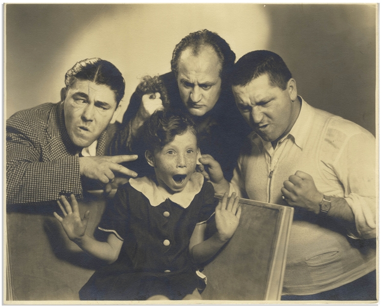 9.5 x 7.5 Matte Photo From 1937 of Curly, Larry, Moe & Moe's Daughter Joan -- Some Toning, Else Near Fine